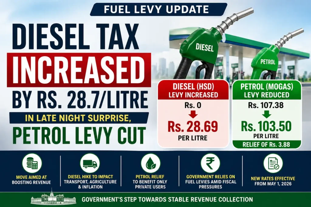 Diesel Tax Increased by Rs. 28.7 Litre Petrol Levy Reduced 